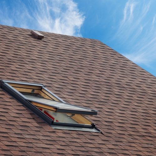 Roof,With,Mansard,Windows,And,Asphalt,Shingles.open,Skylight,On,A